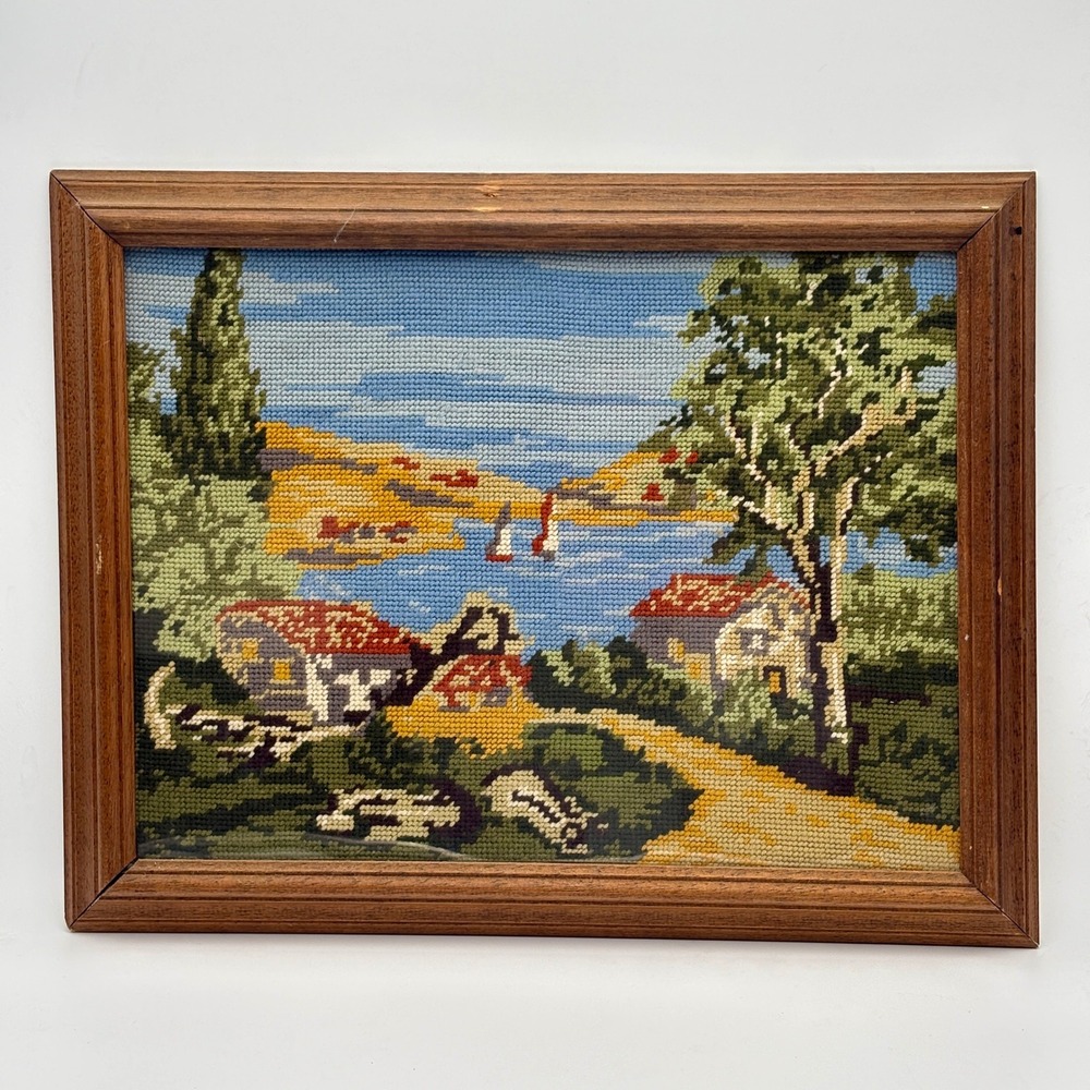 Vintage Handmade Needlepoint Framed 15x19 European Lake Cottage Landscape Art